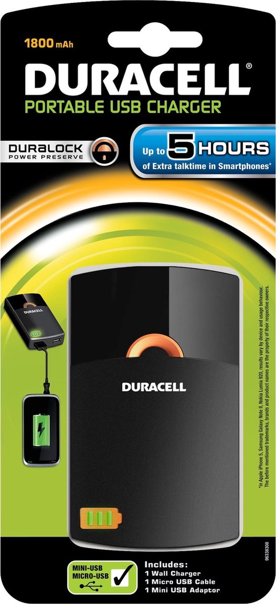 Duracell 5 uurs mobiele oplader - 1800 mAh - Powerbank - Als beste getest -  lichtgewicht | bol.com
