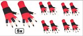 5x Paar vingerloze handschoen zwart/rood