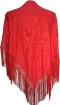 Spaanse manton  - omslagdoek - rood met rode bloemen Large bij verkleedkleding of flamenco jurk
