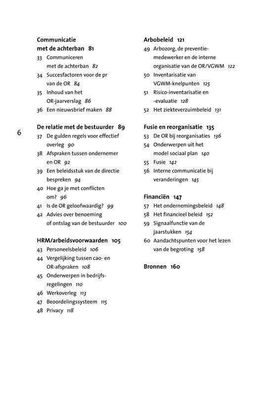 Tekstpagina met inhoudsopgave, onderverdeeld in secties.