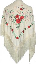 Spaanse manton  - omslagdoek - creme wit met rozen bij verkleedkleding of flamenco jurk