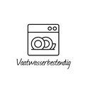 Icoon van een vaatwasser met tekst 'Vaatwasserbestendig'.