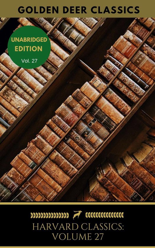 Boekenkast vol met oude, gebonden boeken. "UNABRIDGED EDITION Vol. 27" en "HARVARD CLASSICS: VOLUME 27" zijn zichtbaar.
