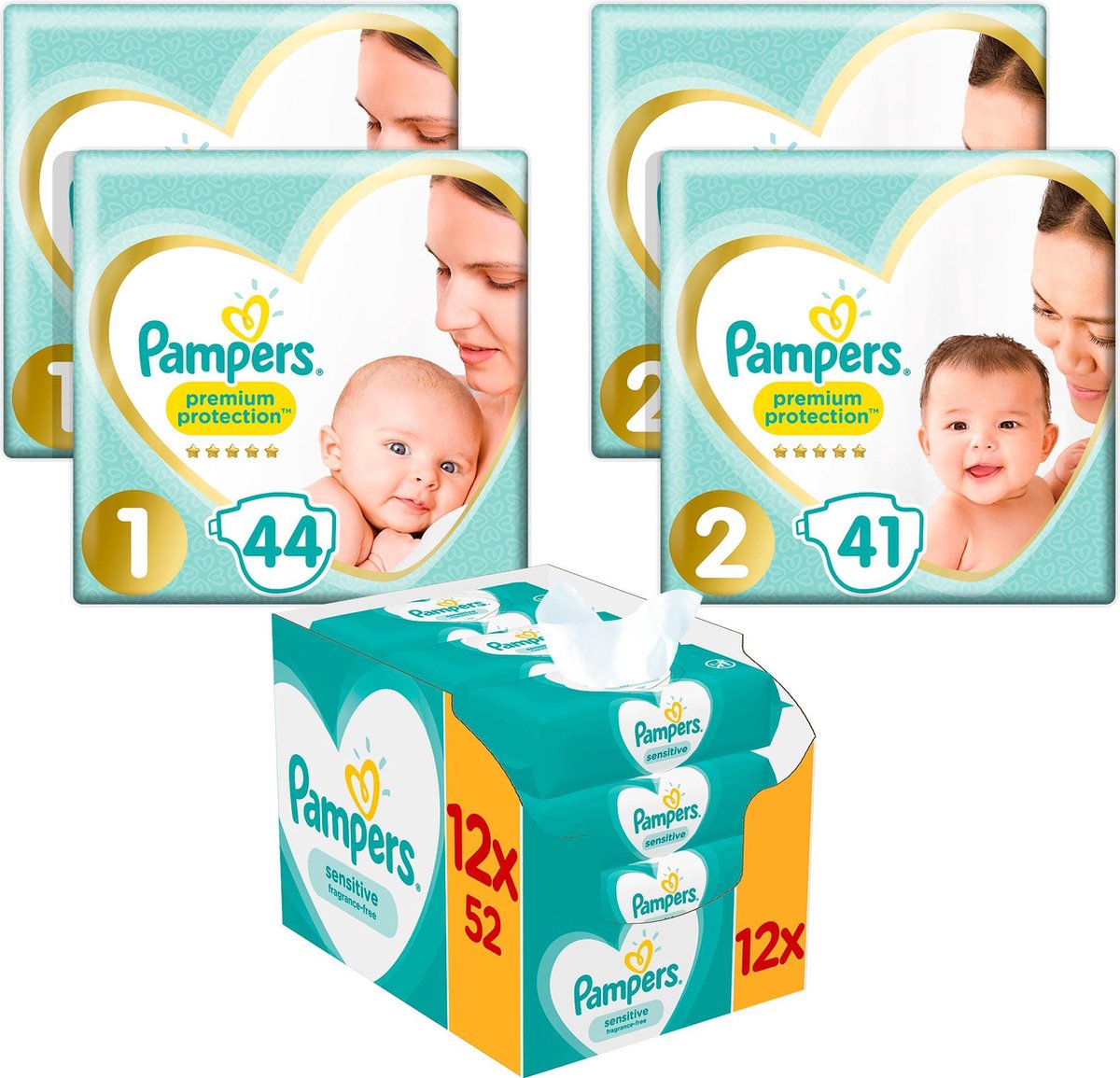 Pampers Premium Protection Startpakket – 88 luiers Maat 1 (2-5kg), 82 luiers Maat 2 (4-8kg) + 12pak Sensitive billendoekjes - Pampers