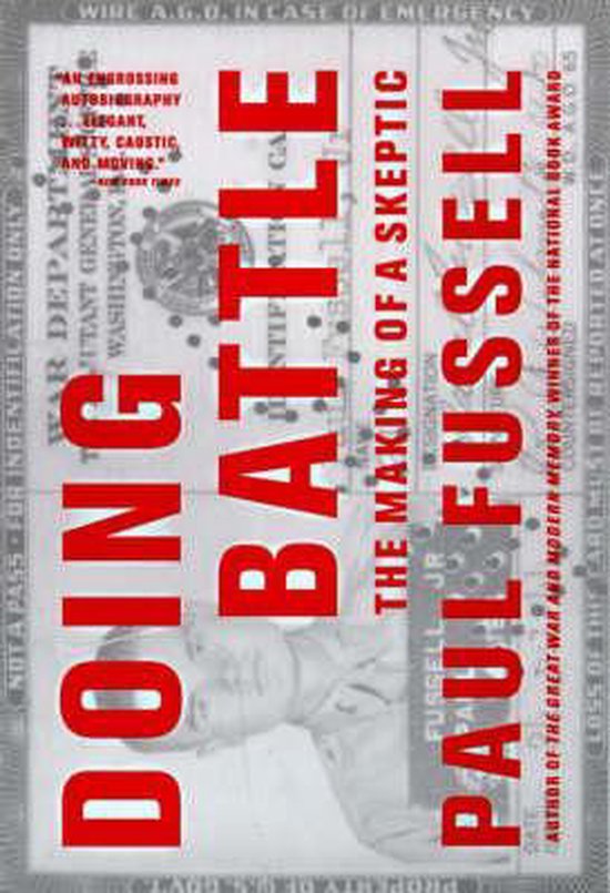 Boek 'DOING BATTLE THE MAKING OF A SKEPTIC' door Paul Fussell, met de titel in grote rode letters.