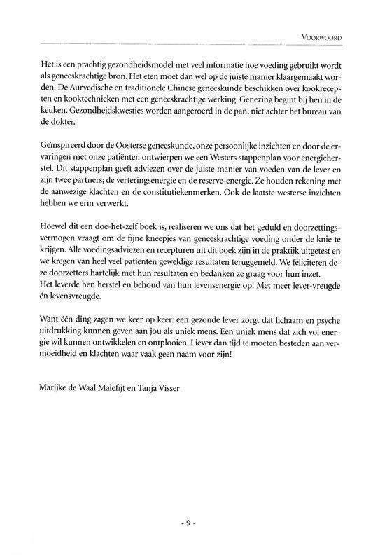 Pagina uit "Het Energie Herstelplan" met voorwoord over geneeskrachtige voeding en de rol van de lever.