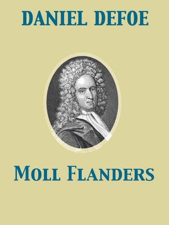 Boek "Moll Flanders" van Daniel Defoe met een portret van hem.