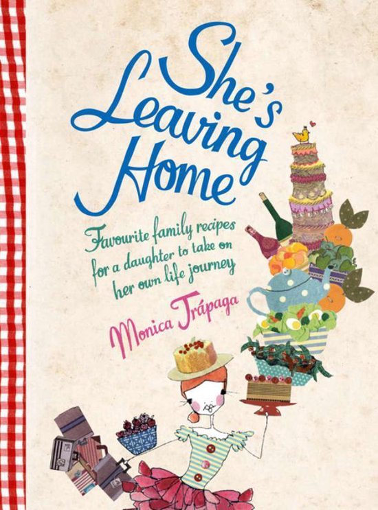 Boekomslag met de titel 'She's Leaving Home' in blauwe letters. Centraal een illustratie van een vrouw met gebakjes en koffers.