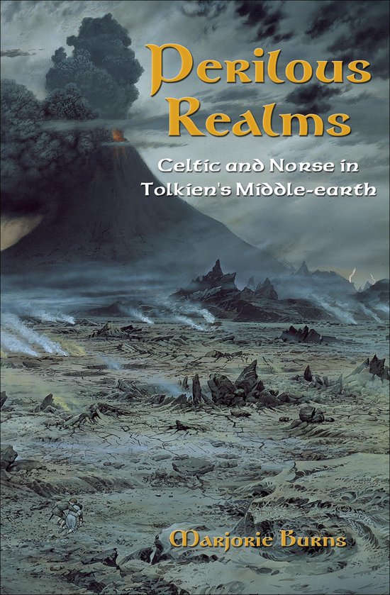 Couverture de livre : Perilous Realms, illustrant un volcan fumant au-dessus d'un paysage désolé avec deux personnages.