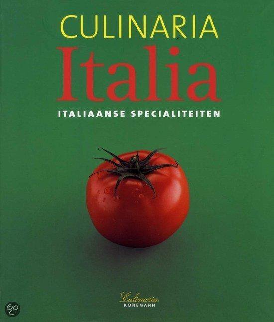 Boek "Culinaria Italia: Italiaanse Specialiteiten" met een rode tomaat op de voorkant.