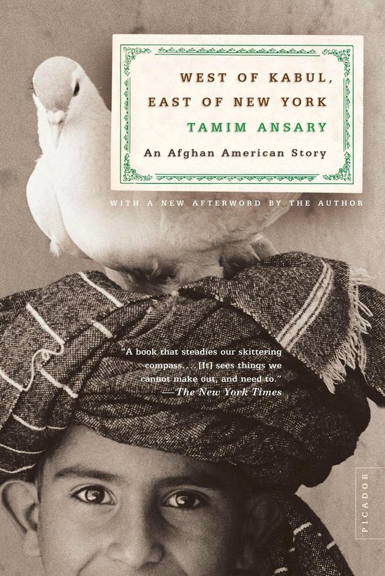 Boekomslag van 'West of Kabul, East of New York' met een duif op het hoofd van een jongen in tulband.