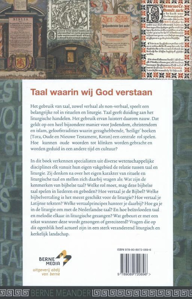 Boekomslag met de titel 'Taal waarin wij God verstaan'. Achtergrond met religieuze afbeeldingen en teksten.