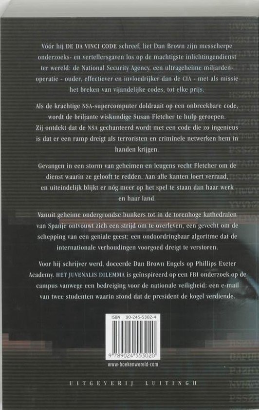 Achterkant van het boek HET JUVENALIS DILEMMA van Dan Brown. ISBN en uitgeverijgegevens.