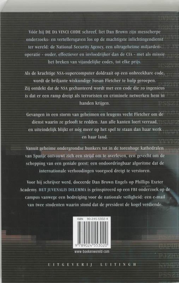 Achterkant van het boek HET JUVENALIS DILEMMA van Dan Brown. ISBN en uitgeverijgegevens.
