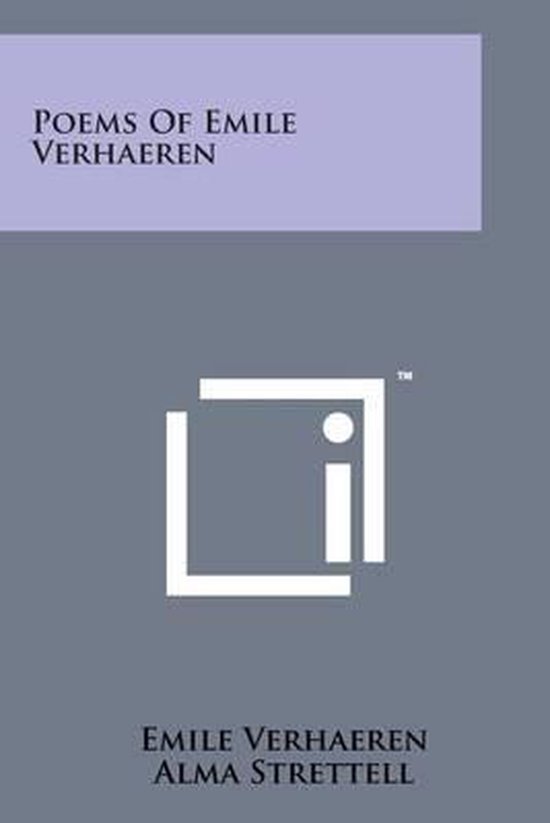 Couverture grise avec une barre violette en haut indiquant 'POEMS OF EMILE VERHAEREN'. En bas, il est écrit 'EMILE VERHAEREN ALMA STRETTEL'.