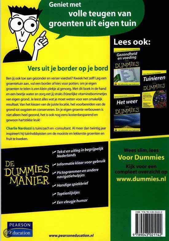 Achterflap van 'Moestuinen Voor Dummies' met een illustratie en tekst over de inhoud.