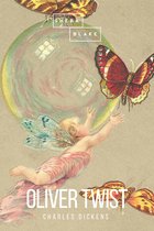 Een illustratie van Peter Pan die door de lucht zweeft met vlinders, de tekst "OLIVER TWIST CHARLES DICKENS" staat eronder.