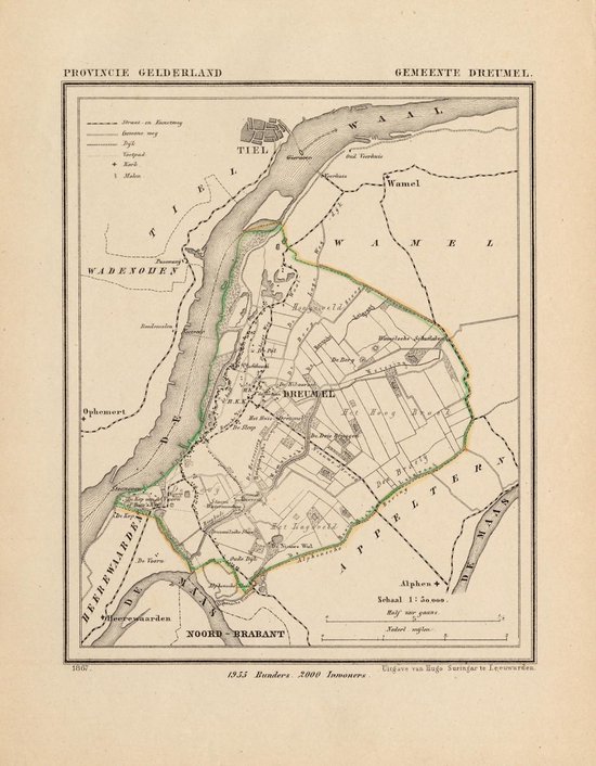 Historische kaart, plattegrond van gemeente Dreumel in Gelderland uit 1867 door Kuyper van Kaartcadeau.com