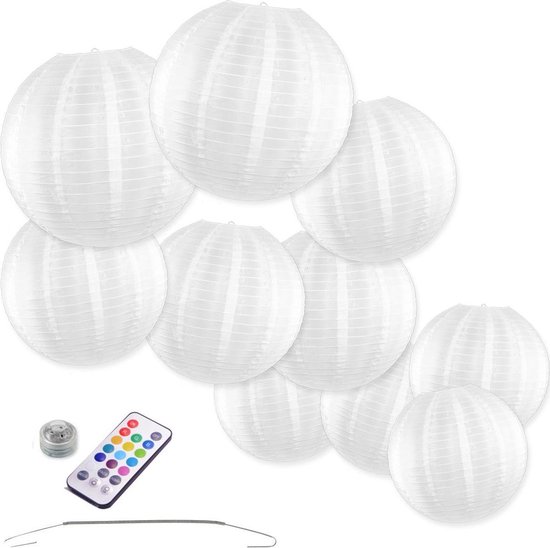Lanternes en nylon - blanc - 10 pièces - y compris LED avec télécommande - Incl. crochets pratiques