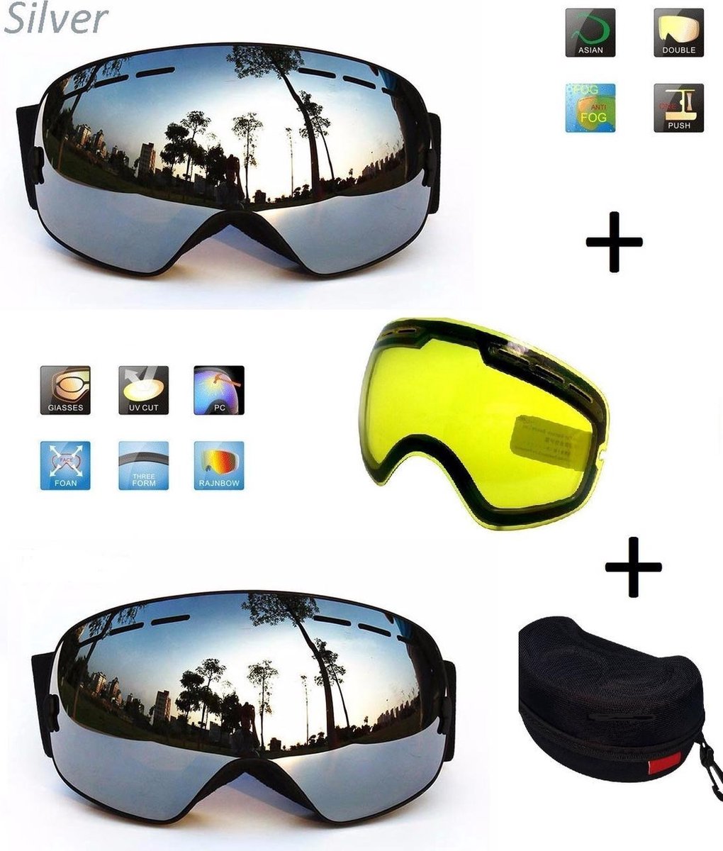 Ski bril met box en EXTRA lens Smoke Zilver frame Zwart F type 7 Cat. 0 tot 4 - ☀/☁