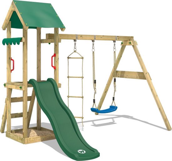 WICKEY speeltoestel klimtoestel TinyCabin met schommel & groene glijbaan, outdoor klimtoren voor kinderen met zandbak, ladder & speelaccessoires voor de tuin