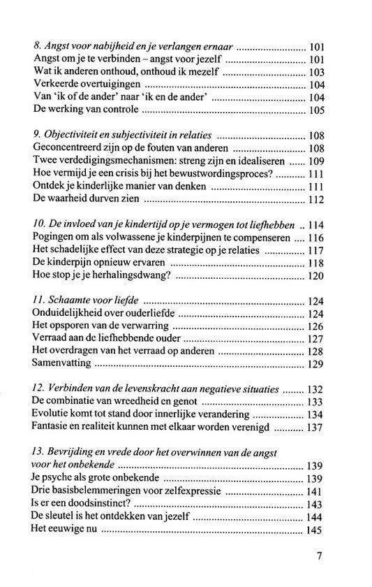 Inhoudsopgave met titels en paginanummers, waaronder 'Angst voor nabijheid'.