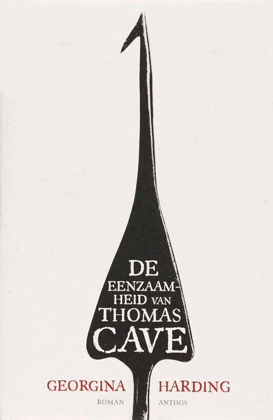 Boekcover met de titel 'DE EENZAAMHEID VAN THOMAS CAVE' in witte letters op een zwarte, puntige vorm. Daaronder de namen Georgina Harding.
