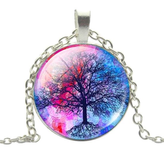 Fako Bijoux® - Collier - Cabochon - Arbre - Bleu / Rouge