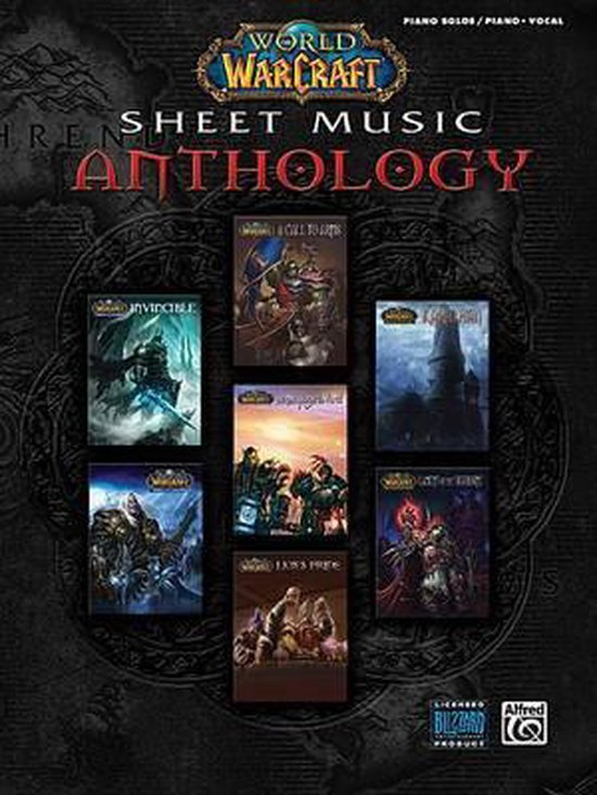 World of Warcraft Sheet Music Anthology, avec 6 pochettes de CD disposées en cercle. Les pochettes représentent des héros, des créatures et des paysages.