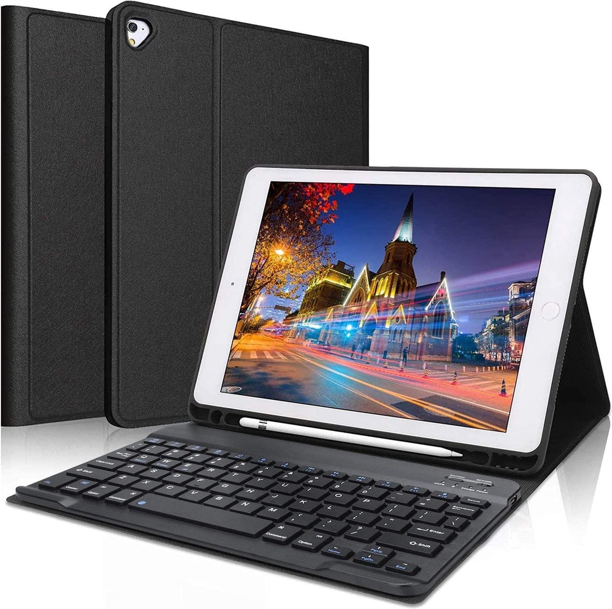 iPad Air 2 Toetsenbord Hoes - iPad Air (2014) Keyboard Case - Apple iPad 9.7 Smart Book Cover - Met Uitsparing Apple Pencil - Bluetooth Toetsenbord Hoesje - Zwart