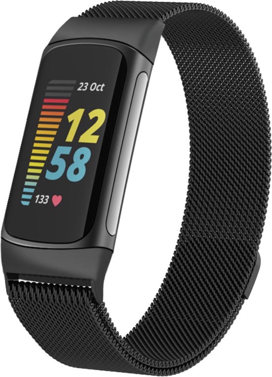Luxe Milanese Loop Armband Geschikt Voor Fitbit Charge 5 Activity Tracker Smartwatch - Horloge Bandje - Metalen iWatch Milanees Watchband Polsband - Stainless Steel Mesh Watch Band - Horlogeband - Magneet Sluiting - One-Size - Zwart