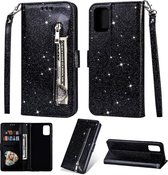 Samsung Galaxy A02s Glitter Bookcase met rits - hoesje - portemonneehoesje - Zwart