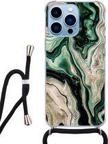 iPhone 13 Pro hoesje met koord - Groen marmer / Marble | Apple iPhone 13 Pro crossbody case | Zwart, Transparant | Water