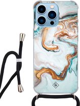 iPhone 13 Pro hoesje met koord - Marmer blauw goud | Apple iPhone 13 Pro crossbody case | Zwart, Transparant | Marmer