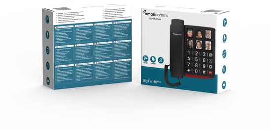 Amplicomms BT40 Zwart vaste lijn huistelefoon met 6 foto toetsen - instelbaar luide bel volume en optische bel signaal - instelbaar luide gespreks volume