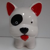 Spaarpot witte hond met rode oortjes en zwarte vlek bij het oog