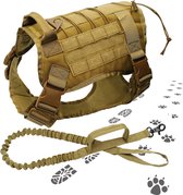 Kamyra® Hondentuig Grote Honden - Hondenharnas Maat L - Hondenriem - Leger - Molle Systeem - Nylon - Khaki 61 tot 99 x 28 cm