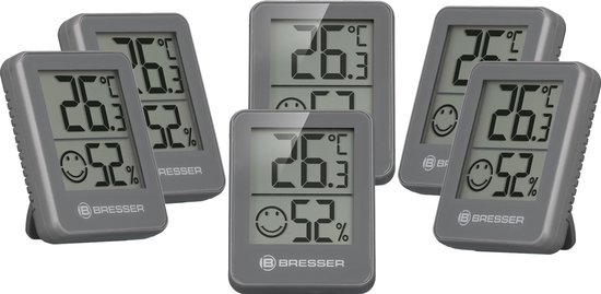 Set van vijf grijze Bresser thermometers met digitale displays die 26.3 graden en 52% luchtvochtigheid aangeven.
