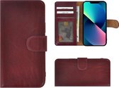 iPhone 13 Mini Hoesje - Bookcase - Portemonnee Hoes Echt leer Wallet case Bordeaux Rood
