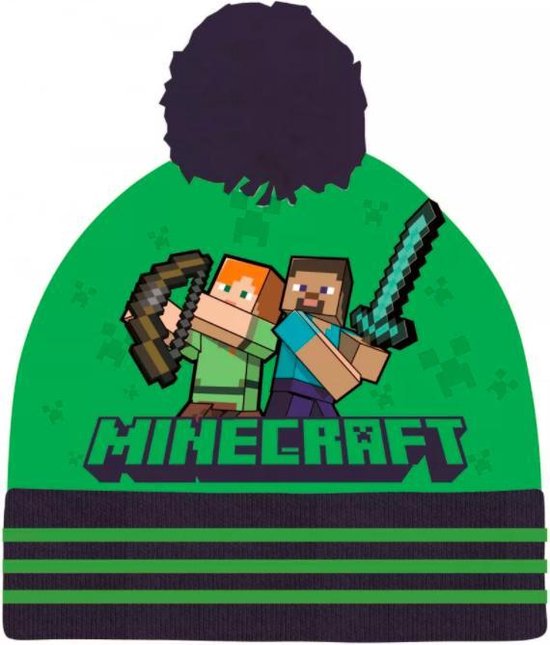 Bonnet pompon Minecraft - noir - vert - Taille 54 cm