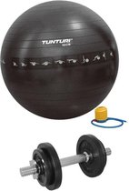 Tunturi - Fitness Set - Halterset 10 kg incl 1 Dumbellstang - Gymball Zwart met Anti Burst 90 cm