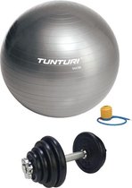 Tunturi - Fitness Set - Halterset 15 kg incl 1 Dumbbellstang  - Gymball Zilver 55 cm