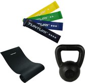 Tunturi - Fitness Set - Kettlebell 12 kg - Fitnessmat 160 x 60 x 0,7 cm - Weerstandsbanden 4 stuks