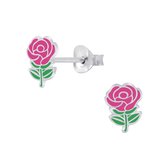 Joy|S - Zilveren bloem oorbellen -  roze roosje - 6 x 8 mm