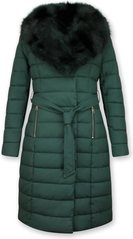 Gentile Bellini Lange Dames Winterjas Parka – Met Zwarte Faux Bontkraag– Groen Jassen dames Dames Jas