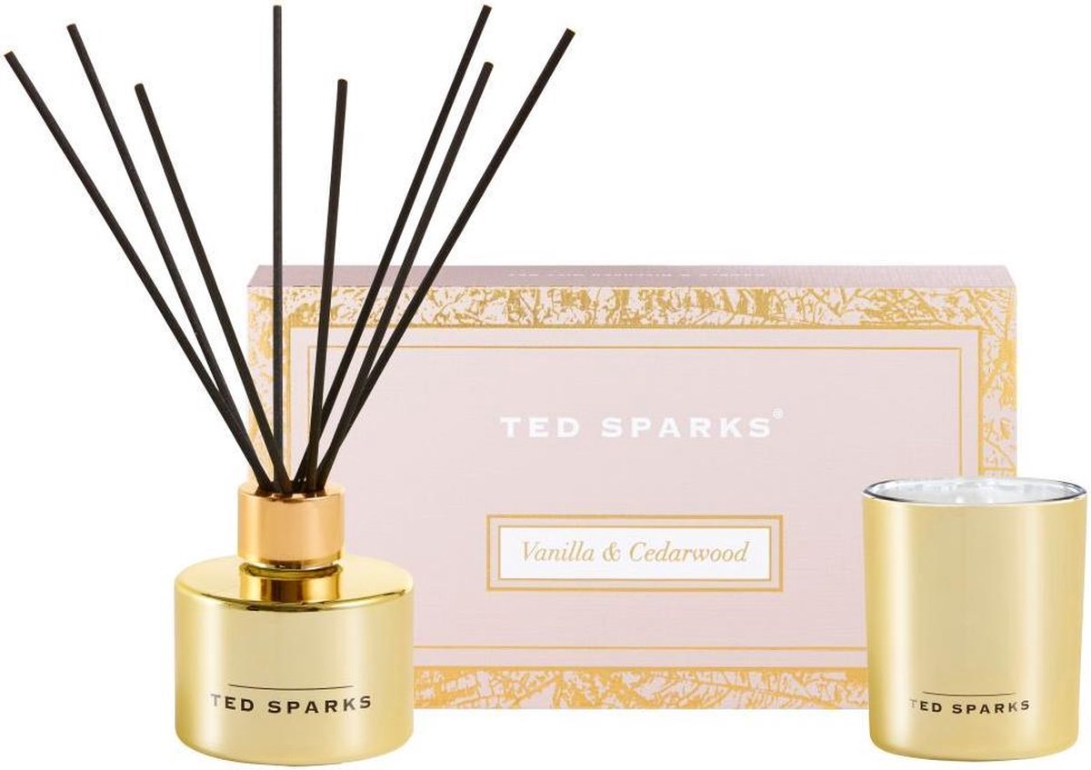 Ted Sparks - Gift Set - Geurkaars & Geurstokjes Diffuser - Vanilla & Cedarwood