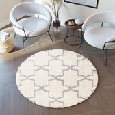 Tapiso Boho Vloerkleed Rond Beige Grijs Shaggy Bohemian Design Duurzaam Slaapkamer Woonkamer Hal Maat- 120x120