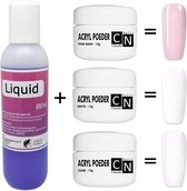 Acryl Vloeistof/100ml/ 4-Delige Acryl Poeder Set /Acrylpoeder Nagels/Acrylpoeder/ Wit, Roze en Transparant
