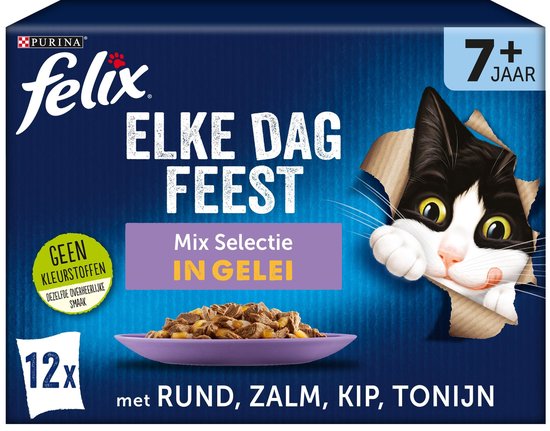 Felix Elke Dag Feest 7+ Senior Mix Selectie- Kattenvoer natvoer - Zalm, Konijn, Kip, Rund - 48 x 85g
