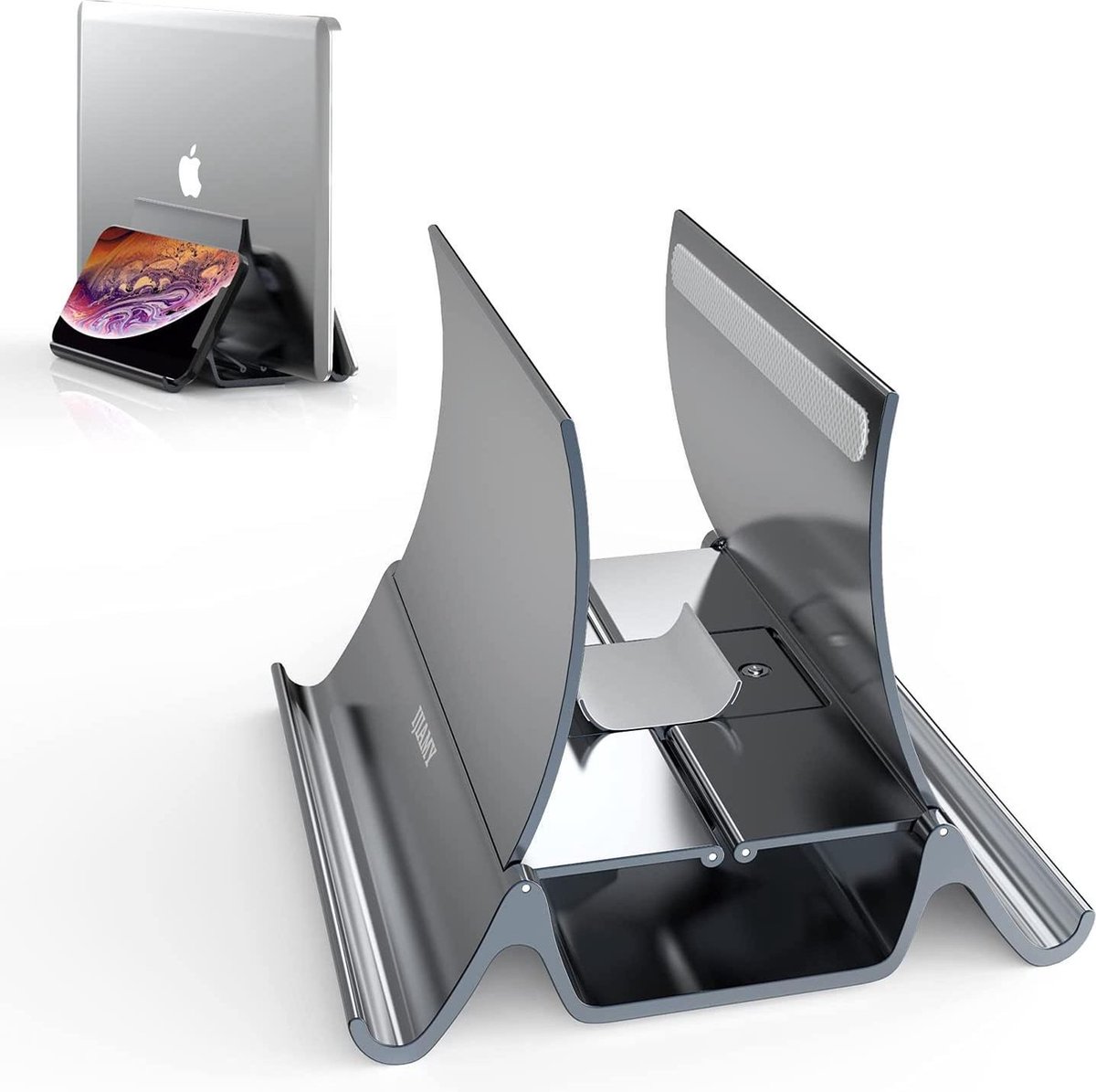 Selwo™ Laptopstandaard verticaal, aluminium 3-in-1 laptopstandaard met zwaartekrachtsensor en 2 standaard laptophouder voor MacBook, notebook, iPad, laptops tot 17,3 inch